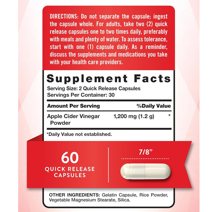 Apple Cider Vinegar 1200 mg Capsules, 60 Count