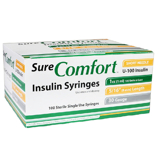 Insulin Syringes 30g x 5/16", 1 mL Sterile by Sure Comfort 100/Box