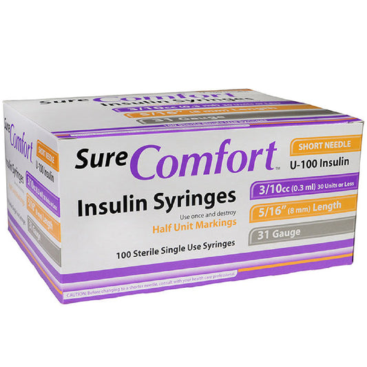 Insulin Syringes 31 Gauge 3/10cc (0.3 ml) with 5/16 Length Sure Comfort 100/Box