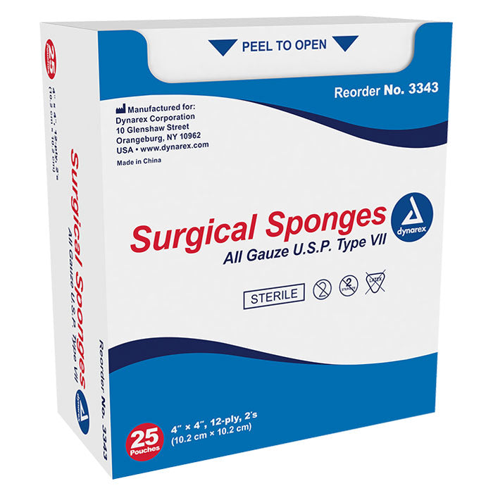 Surgical Gauze Sponges, Sterile, 4" x 4" Square 12-ply USP Type VII, (2 Per pack) 25/Box