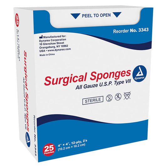 Surgical Gauze Sponges, Sterile, 4" x 4" Square 12-ply USP Type VII, (2 Per pack) 25/Box