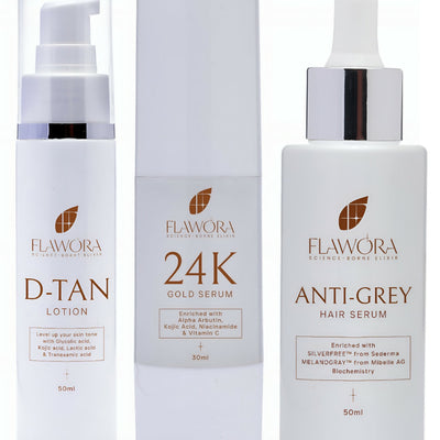 Flawora Anti-Grey Hair Serum, D-Tan Lotion and Gold Face Serum Combo