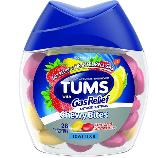 TUMS Antacid Chewy Bites Gas Relief, Lemon & Strawberry, 28 Count