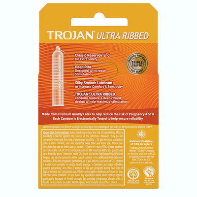 Trojan Condoms Ultra Ribbed for Maximize Stimulation, Lubricated 3-Pack