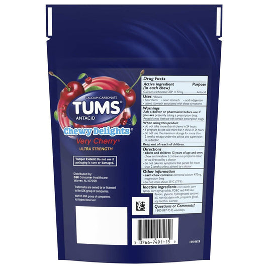 Tums Chewy Delights Ultra Strength Chewable Antacid Relief, Cherry Flavor 32 Count
