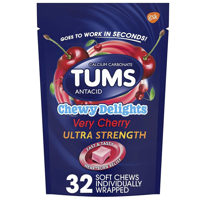 Tums Chewy Delights Ultra Strength Chewable Antacid Relief, Cherry Flavor 32 Count