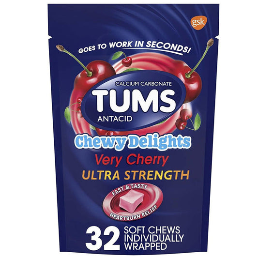 Tums Chewy Delights Ultra Strength Chewable Antacid Relief, Cherry Flavor 32 Count
