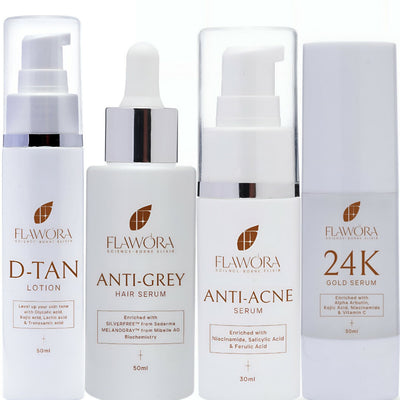 Flawora D-Tan Lotion, Anti Acne Serum, Anti-Grey Hair Serum and Gold Face Serum Combo