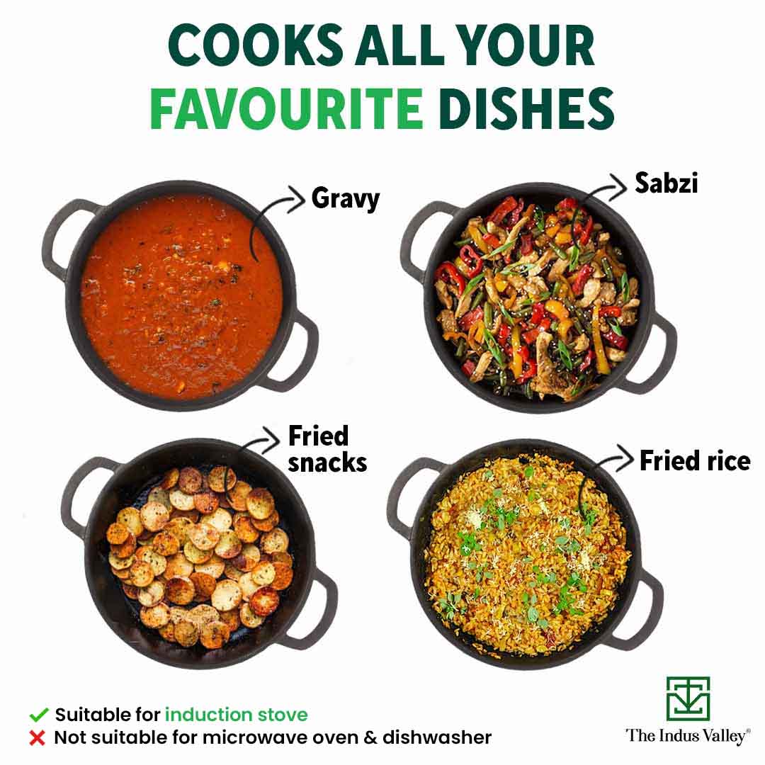 CASTrong Cast Iron Kadai, Pre-seasoned, Nonstick, 100% Pure, Toxin-free, 27cm, 2.5L, 2.5kg