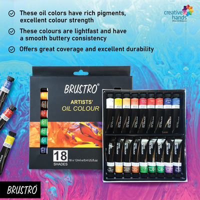 Brustro White Bristle Hair Brushes (Pack of 13) with Artists Oil Colour Set of 18 Colours X 12ML Tubes and Oil Painting Paper 300 GSM A4 (Pack of 9 + 3 Free Sheets)