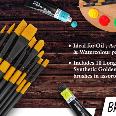 BRUSTRO Artists Gold Taklon Brushes Set of 10| Ideal for Acrylics, Oil paintings, Watercolour | long handle, Bright, Filbert, Flat, Round, Professional Art, School, Office Use.
