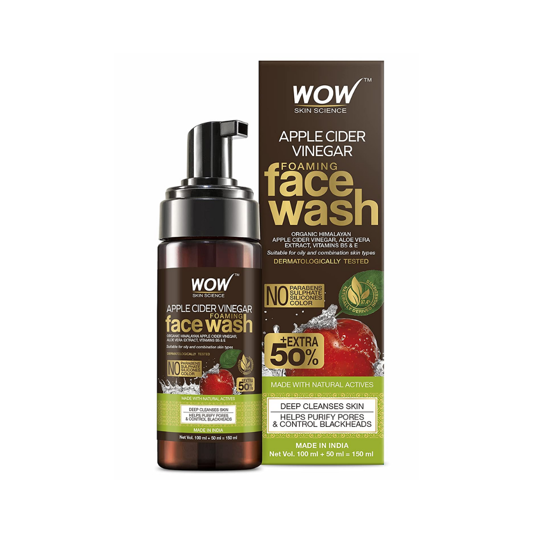 WOW Skin Science Apple Cider Vinegar Foaming Face Wash - with Organic Certified Himalayan Apple Cider Vinegar - No Parabens, Sulphate, Silicones & Color 100mL