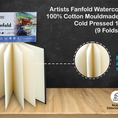 Brustro Artists Fanfold Watercolour Book 100% Cotton Mouldmade 300 GSM Cold Pressed 10.5x15cm.(9 Folds/18 Sides)
