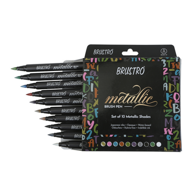 BRUSTRO Metallic Brush Pens - Soft Brush Tip Set of 10 Colors. with Colour Brush Pens Set of 12 (Pigment Based, Hard tip Brush Pen) Flexible tip for Calligraphy, Lettering and Drawing Techniques.