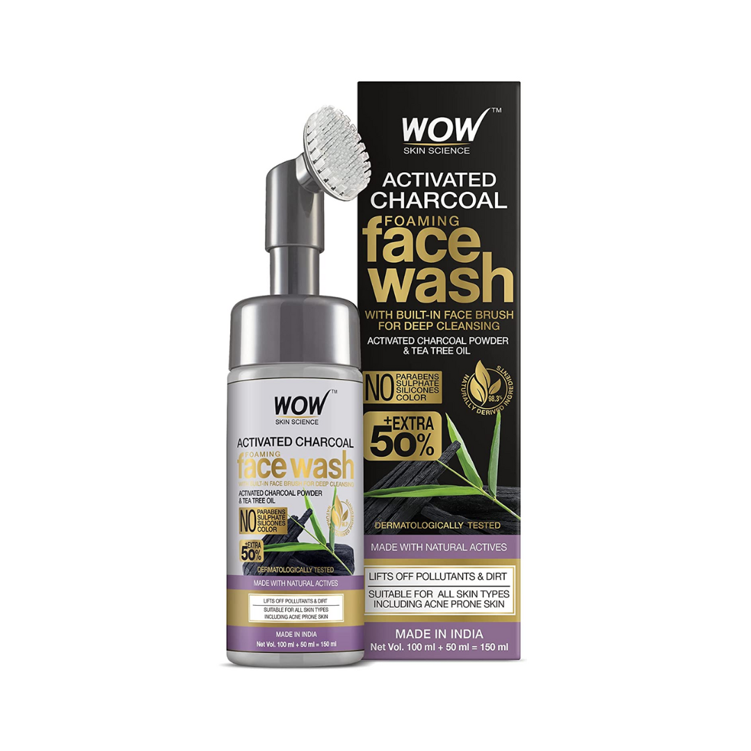 WOW Skin Science Foaming Activated Charcoal Face Wash with Built-In Face Brush for deep cleansing - No Parabens, Sulphate, Silicones & Colour - 150ml