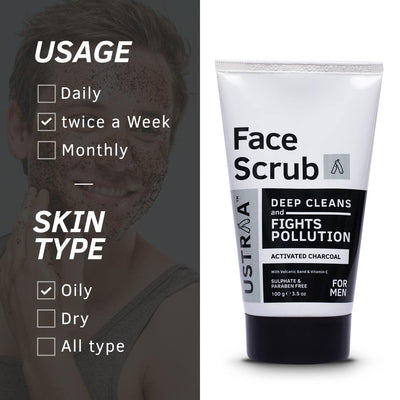 Ustraa Activated Charcoal Face Scrub For Men - 100 gms