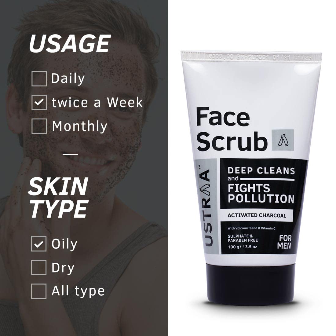 Ustraa Activated Charcoal Face Scrub For Men - 100 gms
