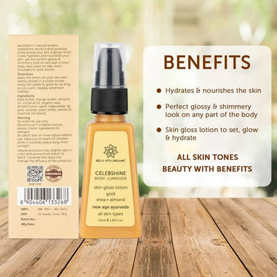 Bella Vita Organic Celeb Shine Body Luminizing Shimmer skin Gloss Lotion Gold Shea Butter Almond