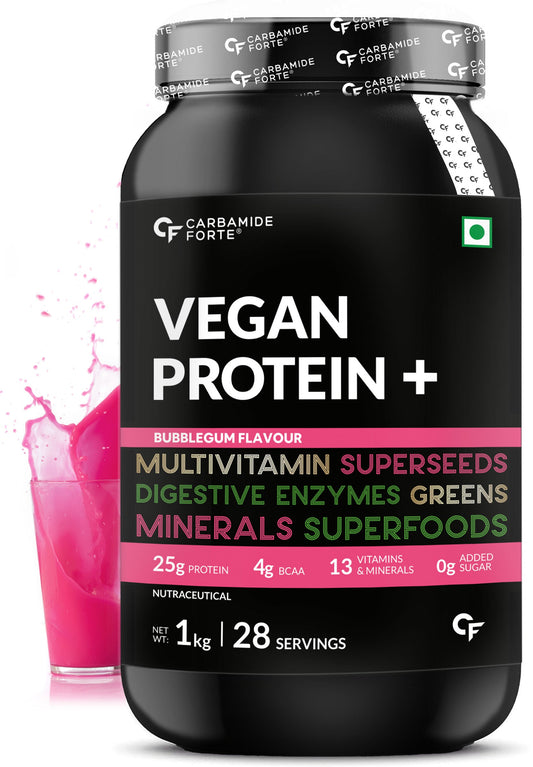 Carbamide Forte Plant Protein Powder - Plant Based Pea Protein Powder with Multivitamin, Minerals, Superfoods, Digestive Enzymes - Bubble Gum Flavour - 1Kg