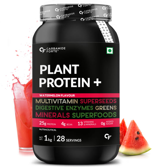 Carbamide Forte Plant Protein Powder - Plant Based Pea Protein Powder with Multivitamin, Minerals, Superfoods, Digestive Enzymes - Watermelon Flavour - 1Kg