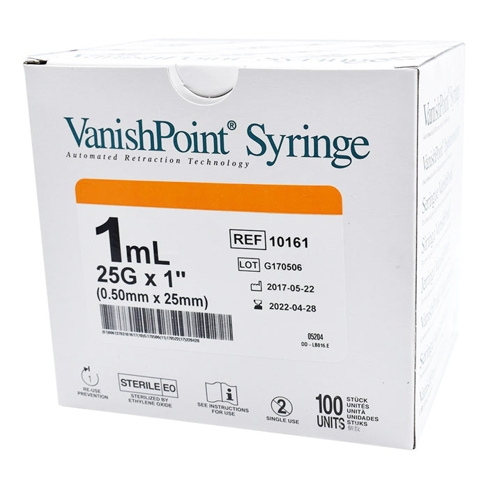 VanishPoint 25 gauge x 1 inch Retractable Tuberculin Syringe with Needle 1 mL, Regular Wall, 100/Box