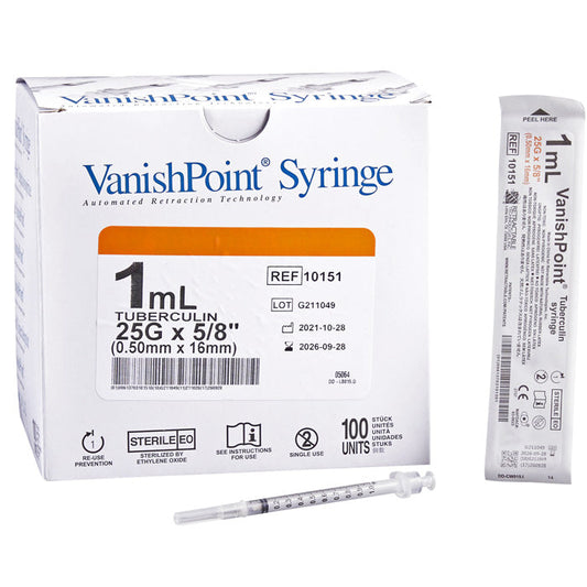 VanishPoint 25 gauge x 5/8 inch Retractable Tuberculin Syringe with Needle 1 mL, Regular Wall, 100/Box