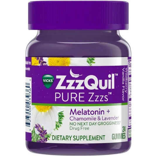 Vicks Zzzquil Sleep Aid Gummies Pure Zzzs Melatonin Chamomile & Lavender 24 Count