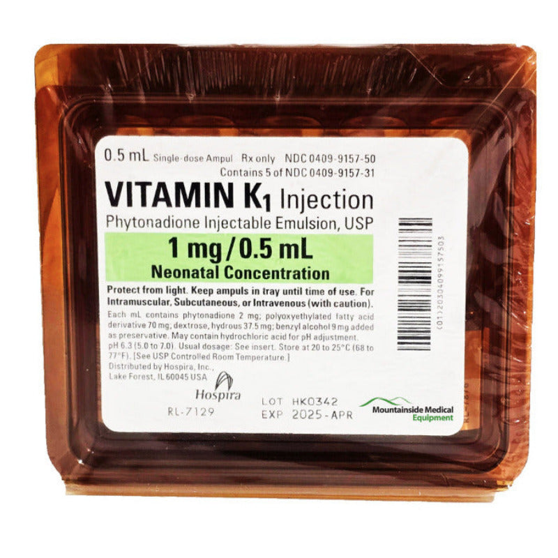 Vitamin K1 Injection Shot for Babies (Phytonadione Injectable Emulsion) 1 mg/0.5 mL Neonatal Concentration 25/Pack (Rx)