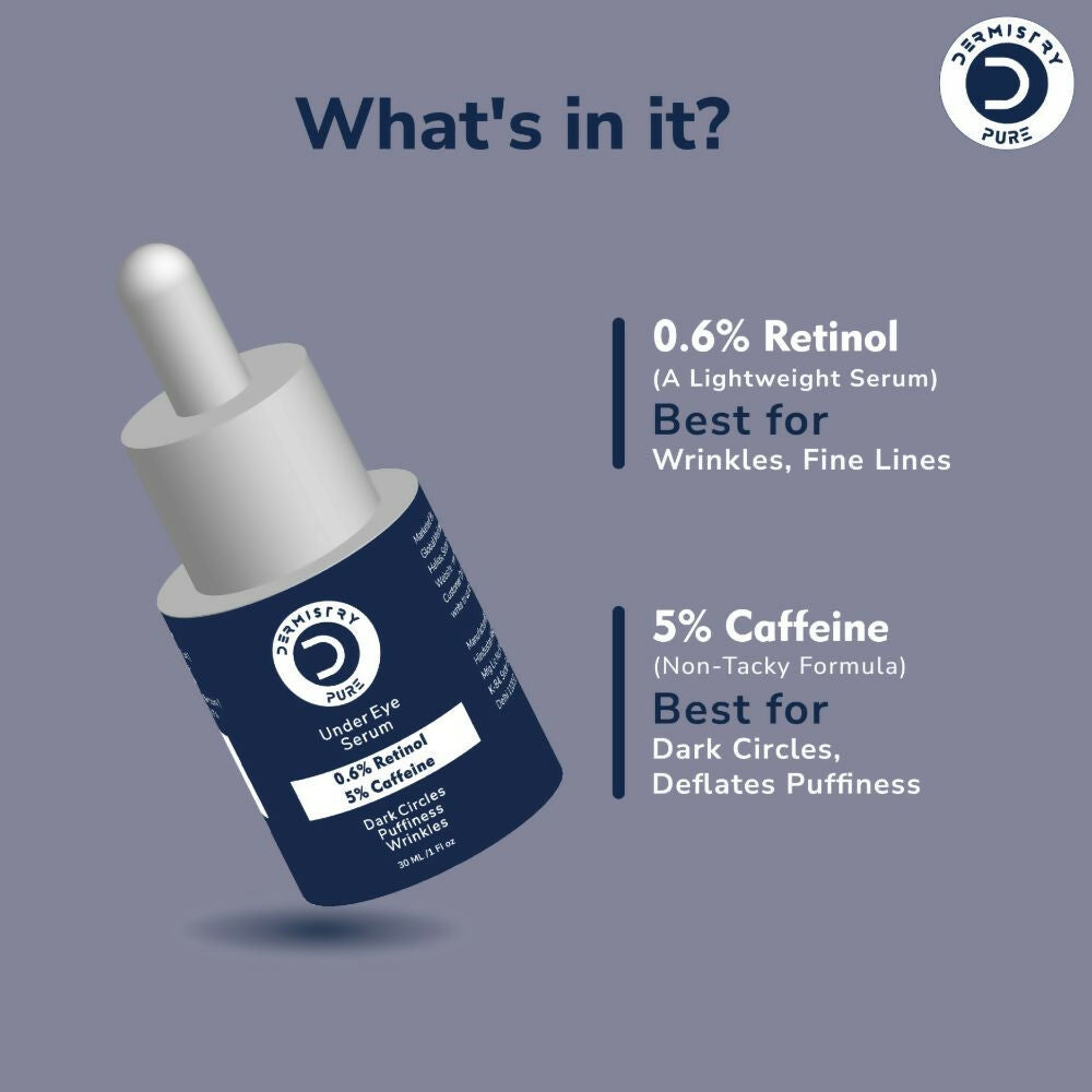 Dermistry Pure 0.6% Retinol 5% Caffeine Under Eye Serum Puffiness Fine Line Wrinkles Puffy Dark Eyes