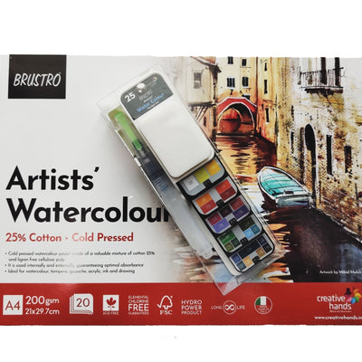 Brustro Artists Watercolour Pan Set of 25 with Artist 25% Cotton Watercolour Pad Cold Pressed 200 GSM A4 Pad 20 Sheets