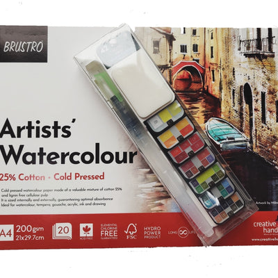 Brustro Artists Watercolour Pan Set of 42 with Artist 25% Cotton Watercolour Pad Cold Pressed 200 GSM A4 Pad 20 Sheets