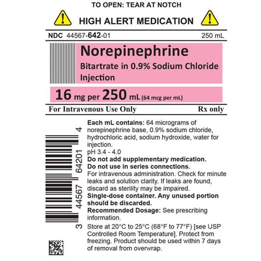 IV Bags, WGCC Norepinephrine Bitartrate in 0.9% Sodium Chloride 16 mg 250 mL x 10/Case (RX)