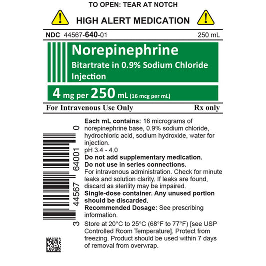 IV Bags, WGCC Norepinephrine Bitartrate in 0.9% Sodium Chloride 4 mg 250 mL x 10/Case (RX)