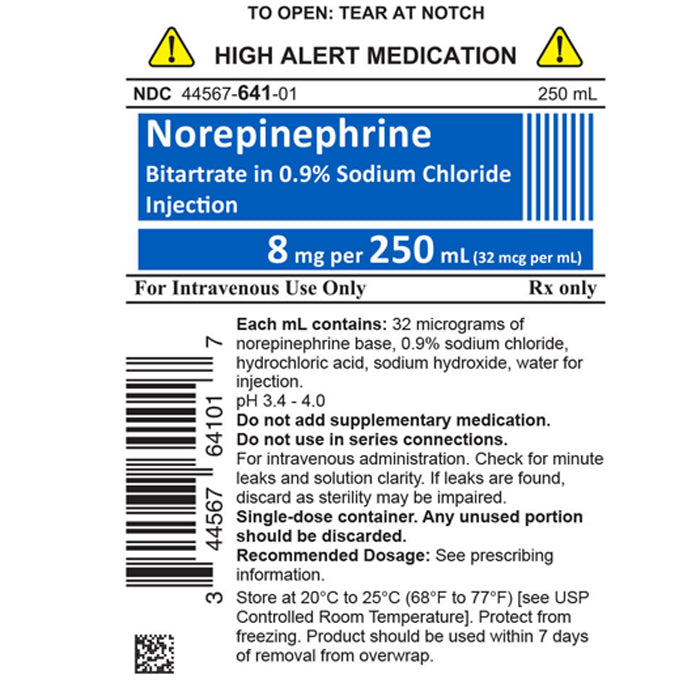 IV Bags, WGCC Norepinephrine Bitartrate in 0.9% Sodium Chloride 8 mg 250 mL x 10/Case