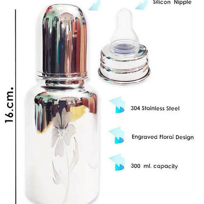 Goodmunchkins Stainless Steel Feeding Bottle with Bottle Cleaning Brush/Chakku/Anti Colic Silicone Nipple Combo-(300ml,Pink)