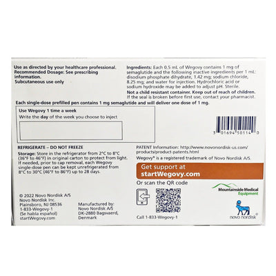 Wegovy (semaglutide) Weight Loss Injection 1 mg/0.5 mL, 4 Pens Per Box **Refrigerated Item (RX)