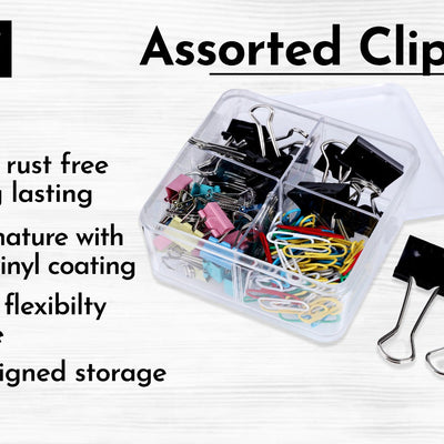 BRUSTRO Assorted Clip Box | Includes 120 Paper Clips-28mm & 56 Binder Clips (25mm- 6 pcs| 19mm- 15 pcs| 15mm- 35pcs) | Home, Office, Stationery use, Ideal for Students and Adults, Reusable, Flexible