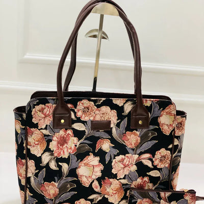Black Floral Morvi Laptop Bag With Phone Pouch