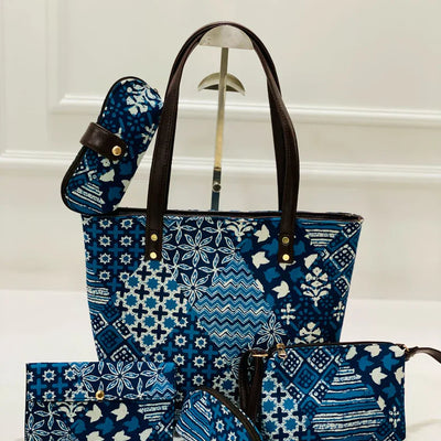 Blue Indigo Patchwork 5-in-1 Tote Bag Set For Women