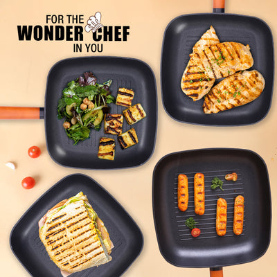 Caesar Forged Grill Pan, 24cm, Black, Greblon C3 Non-stick Coating, Virgin Aluminium, PFOA Free, German Beechwood Handles, Use for Grilling Tikkis, Breads, Rolls, Meat, Paneer
