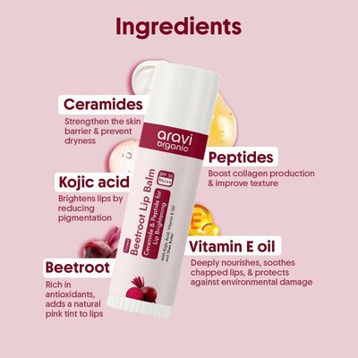 Aravi Organic Beetroot Tinted Lip Balm For Lip Brightening With SPF 50 PA+++ - Kojic Acid & Peptide