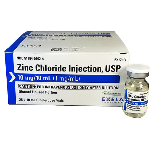 Zinc Chloride Injection Intravenous for Deficiency & Parenteral Nutrition 10 mg/10 mL Vials 10 mL x 25/Pack (RX)