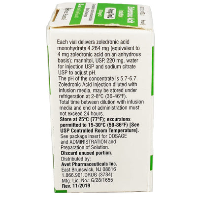 Zoledronic Acid Injection 4 mg/ 5 mL (0.8 mg/mL) Single-Dose Viial 5 mL (RX)