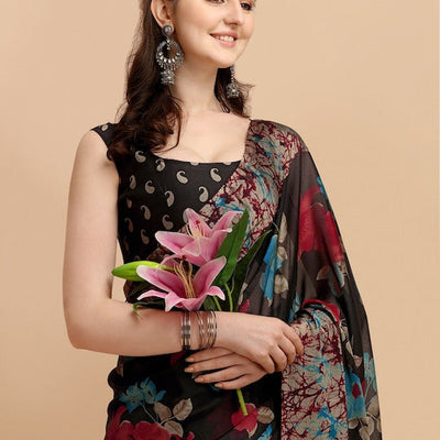 Black & Red Floral Printed Saree