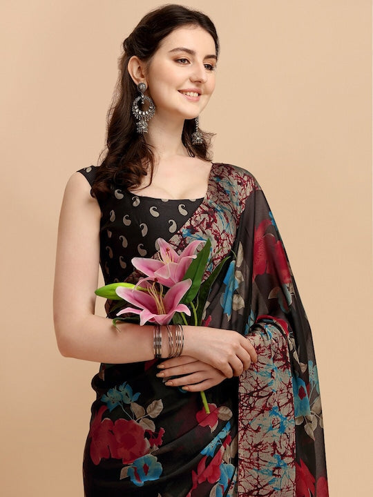 Black & Red Floral Printed Saree