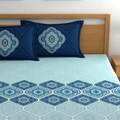 Dreamscape Blue & Turquoise Blue 140 TC Pure Cotton Bedsheet with Pillow Covers