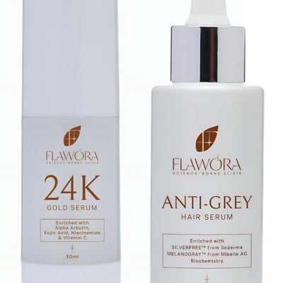Flawora Anti-Grey Hair Serum For Reversing Grey Hair & Gold Face Serum For Brightening, Anti-Aging