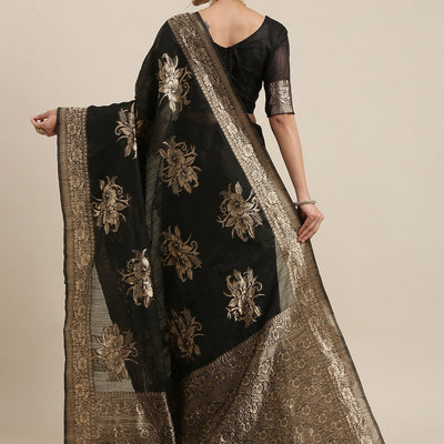 Black Floral Linen Blend Banarasi Saree