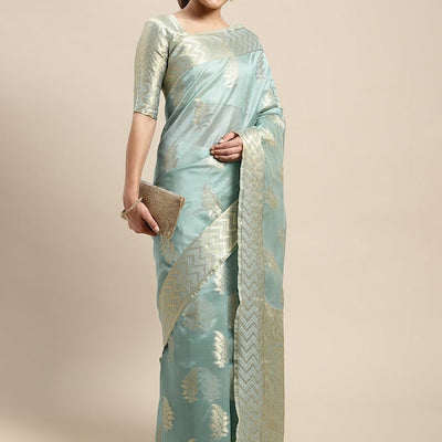 Blue & Gold-Toned Ethnic Motifs Zari Organza Kanjeevaram Saree