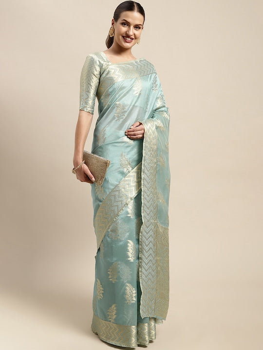 Blue & Gold-Toned Ethnic Motifs Zari Organza Kanjeevaram Saree